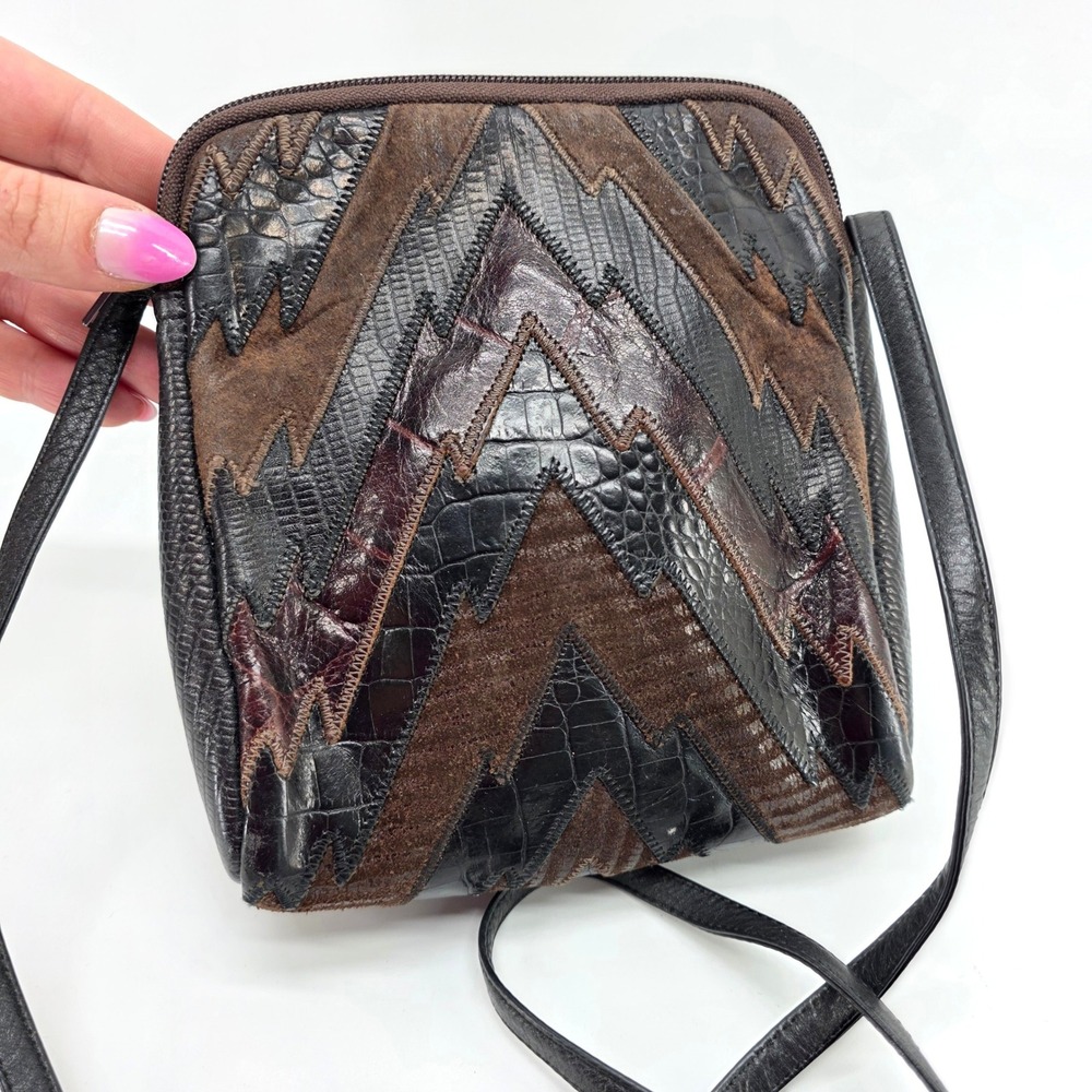 Vintage Sharif Crossbody Bag‎ Patchwork Leather Suede Brown Black Snake USA 80s